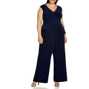 Adrianna Papell Draped Jersey Jumpsuit Size 20W Navy Blue Wide Leg Event Formal
